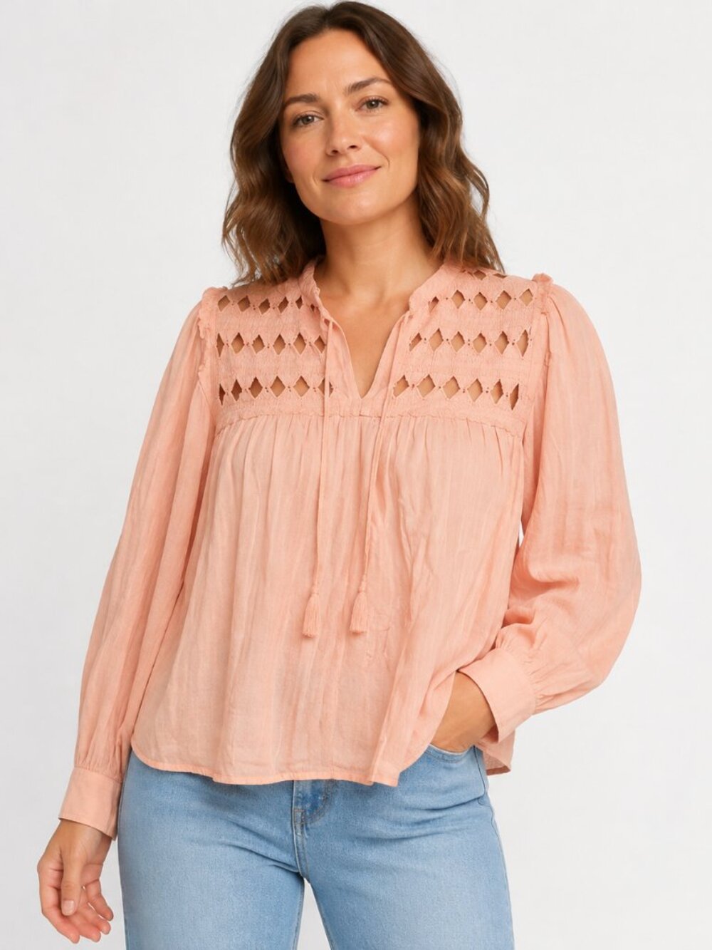 Self Contrast Peach Eyelet Cutwork Tie Neck Boho Peasant Blouse Long Sleeve Sz S